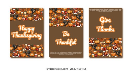 Thanksgiving greeting, set of templates banner, card, frame, design on the background crop, pumpkins, apples, berries, acorns and autumn leaves. autumn bright backdrop for invitation, poster.