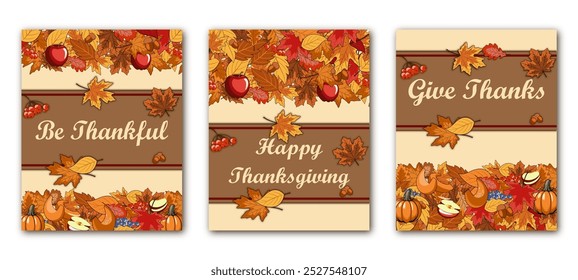 Thanksgiving greeting, set of templates design for banner, flyer, card on the background crop, pumpkins, apples, berries, acorns and autumn leaves. autumn bright backdrop for invitation, poster, frame