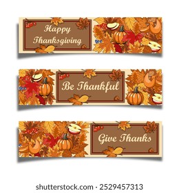 Thanksgiving greeting, set of templates design for banner, flyer, card on the background crop, pumpkins, apples, berries, acorns and autumn leaves. autumn bright backdrop for invitation, poster, frame
