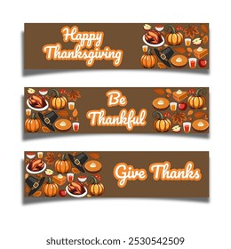 Thanksgiving greeting, set of templates design for banner, flyer, card on the background crop, pumpkins, apples, berries, acorns and autumn leaves. autumn bright backdrop for invitation, poster, frame