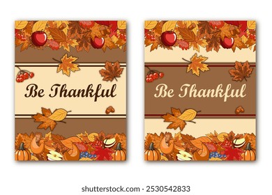 Saudação de Ação de Graças, conjunto de modelos de design para banner, flyer, cartão na colheita de fundo, abóboras, maçãs, bagas, bolotas e folhas de outono.