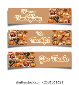 Thanksgiving greeting, set of templates design for banner, flyer, card on the background crop, pumpkins, apples, berries, acorns and autumn leaves. autumn bright backdrop for invitation, poster, frame