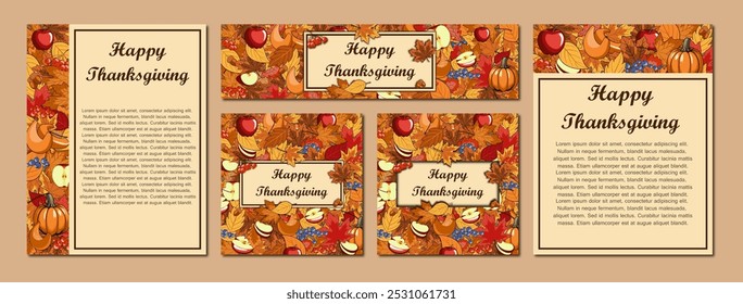 Thanksgiving-Gruß, Satz von Vorlagen Design für Banner, Flyer, Karte auf dem Hintergrund Ernte, Kürbisse, Äpfel, Beeren, Eicheln und Herbstblätter. Herbst helle Kulisse für Einladung, Poster, Rahmen