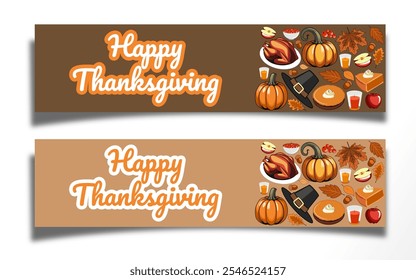 Thanksgiving greeting, set of templates design for banner, flyer, card on the background crop, pumpkins, apples, berries, acorns and autumn leaves. autumn bright backdrop for invitation, poster, frame