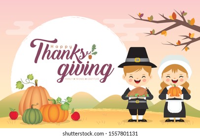 Thanksgiving greeting template. Cute cartoon pilgrim couple holding roasted turkey & pumpkin on autumn landscape background. Thanksgiving character in flat vector illustration.