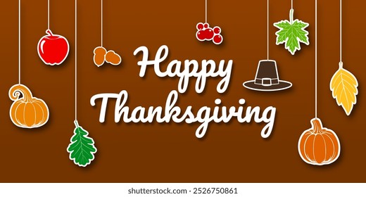 Thanksgiving greeting template. vector minimalistic card with pumpkin silhouette, apple, leaves and berries. cute vector illustration in bright colors. for greeting, invitation, poster