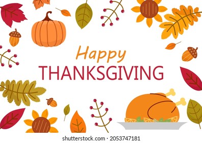 Thanksgiving Greetings. Background with pumpkin, Fall leaves and turkey bird, vector illustration