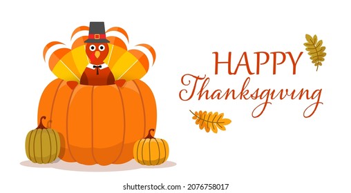 Thanksgiving Greetings. Background with pumpkin, Fall leaves and turkey bird, vector illustration