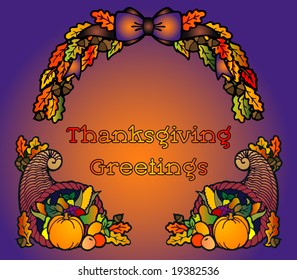Thanksgiving Greetings with cornucopias, autumn leaves, acorns, and other harvest icons