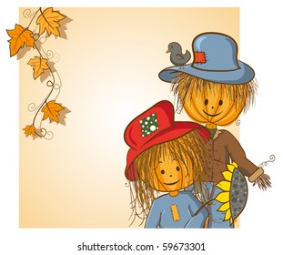 Thanksgiving or Halloween greeting card - Scarecrow and his girlfriend - every object on separate layer