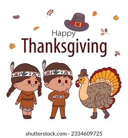 Thanksgiving hand drawn with American Indian children, Turkey, Pilgrim Hat, Autumn leafs cartoon character vector