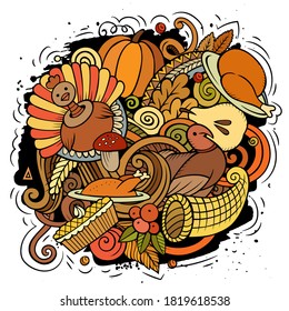 Thanksgiving hand drawn cartoon doodles illustration. Funny holiday design. Creative art vector background. Harvest symbols, elements and objects. Colorful composition