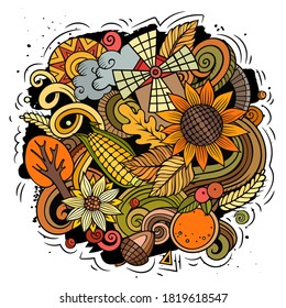 Thanksgiving hand drawn cartoon doodles illustration. Funny holiday design. Creative art vector background. Harvest symbols, elements and objects. Colorful composition