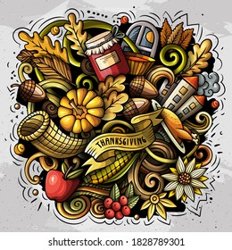 Thanksgiving hand drawn cartoon doodles illustration. Funny holiday design. Creative art vector background. Harvest symbols, elements and objects. Colorful composition