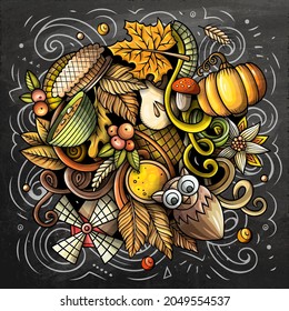 Thanksgiving hand drawn cartoon doodles illustration. Funny holiday design. Creative vector background. Harvest symbols, elements and objects. Colorful chalkboard composition