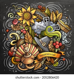 Thanksgiving hand drawn cartoon doodles illustration. Funny holiday design. Creative vector background. Harvest symbols, elements and objects. Colorful chalkboard composition