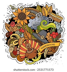 Thanksgiving handgezeichnete Cartoon-Doodles Illustration. Lustiges Urlaubsdesign. Kreative Kunst, Vektorhintergrund. Ernte Symbole, Elemente und Objekte. Farbige Komposition