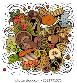 Thanksgiving hand drawn cartoon doodles illustration. Funny holiday design. Creative art vector background. Harvest symbols, elements and objects. Colorful composition