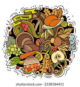 Thanksgiving handgezeichnete Cartoon-Doodles Illustration. Lustiges Urlaubsdesign. Kreative Kunst, Vektorhintergrund. Ernte Symbole, Elemente und Objekte. Farbige Komposition