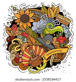 Thanksgiving handgezeichnete Cartoon-Doodles Illustration. Lustiges Urlaubsdesign. Kreative Kunst, Vektorhintergrund. Ernte Symbole, Elemente und Objekte. Farbige Komposition