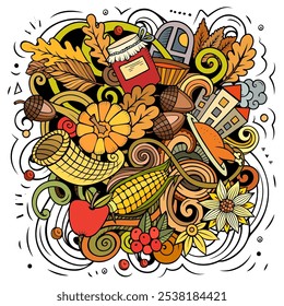 Thanksgiving handgezeichnete Cartoon-Doodles Illustration. Lustiges Urlaubsdesign. Kreative Kunst, Vektorhintergrund. Ernte Symbole, Elemente und Objekte. Farbige Komposition