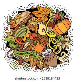 Thanksgiving handgezeichnete Cartoon-Doodles Illustration. Lustiges Urlaubsdesign. Kreative Kunst, Vektorhintergrund. Ernte Symbole, Elemente und Objekte. Farbige Komposition