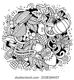 Thanksgiving handgezeichnete Cartoon-Doodles Illustration. Lustiges Urlaubsdesign. Kreative Kunst, Vektorhintergrund. Ernte Symbole, Elemente und Objekte. Komposition von Linien