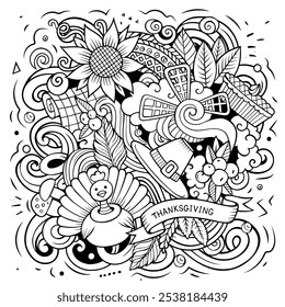 Thanksgiving handgezeichnete Cartoon-Doodles Illustration. Lustiges Urlaubsdesign. Kreative Kunst, Vektorhintergrund. Ernte Symbole, Elemente und Objekte. Komposition von Linien