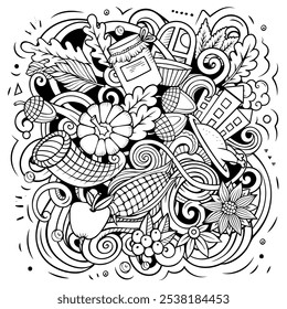 Thanksgiving handgezeichnete Cartoon-Doodles Illustration. Lustiges Urlaubsdesign. Kreative Kunst, Vektorhintergrund. Ernte Symbole, Elemente und Objekte. Komposition von Linien