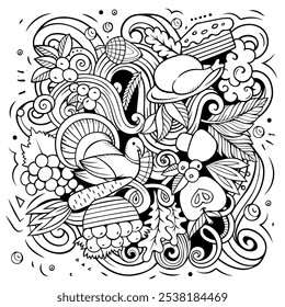 Thanksgiving handgezeichnete Cartoon-Doodles Illustration. Lustiges Urlaubsdesign. Kreative Kunst, Vektorhintergrund. Ernte Symbole, Elemente und Objekte. Komposition von Linien