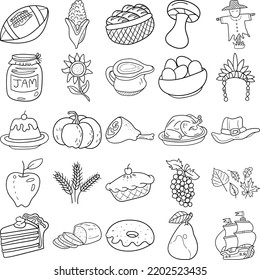Thanksgiving Hand Drawn Doodle Line Art Outline Set Containing Mayflower, Corn, Pumpkin pie, Pumpkin, Wheat, Gravy, Apple pie, Headpiece, Turkey, Football, Bread, Pilgrim hat, Pudding, Grape