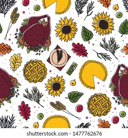 Thanksgiving hand drawn doodle style holiday traditional symbols seamless pattern. Turkey, pumpkin pie, apple pie etc. Stock vector