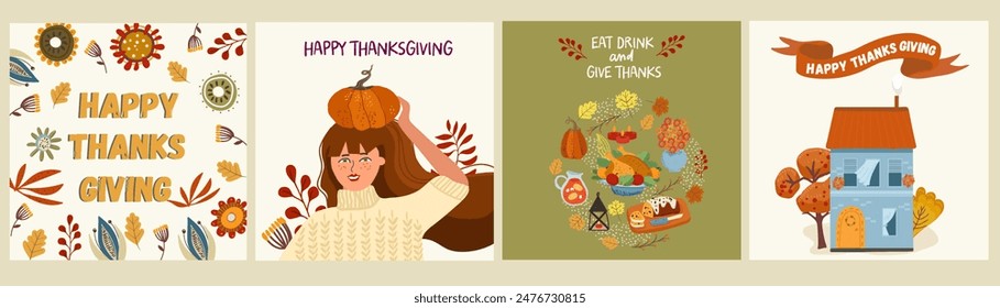 Acción de Gracias dibujado a mano ilustraciones, personajes, naturaleza de otoño, vibraciones de otoño. Diseños para tarjetas de felicitación, carteles, volantes, páginas de Web. Vector acogedora ilustración con texturas.