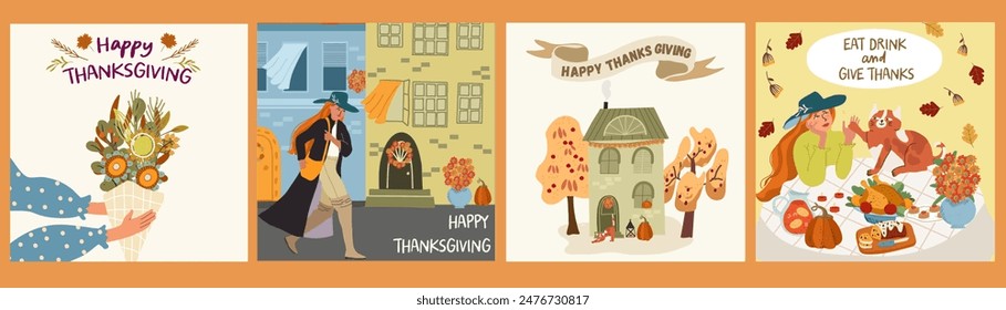 Thanksgiving hand drawn illustrations, characters, fall nature, fall vibes. Designs for greeting cards, posters, flyers, web pages. Vector cozy illustration with textures.