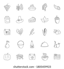 Thanksgiving hand drawn linear doodles isolated on white background. Thanksgiving icon set for web and ui design, mobile apps and print products