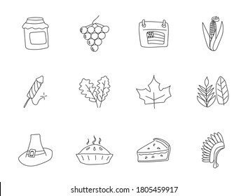 Thanksgiving hand drawn linear vector icons isolated on white background. Thanksgiving doodle icon set for web and ui design, mobile apps and print products