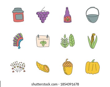 Thanksgiving hand drawn linear vector icons isolated on white background. Thanksgiving doodle icon set for web and ui design, mobile apps and print products