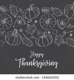 Thanksgiving hand drawn pumpkins pumpkin pie apples berries and leaves in black and white style design for greeting card sticker posters Vector illustration