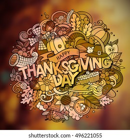 Thanksgiving hand lettering and doodles elements and symbols emblem. Vector blurred background. Funny vector artwork