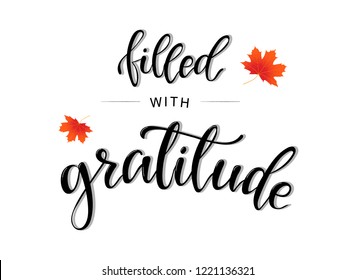 Thanksgiving hand lettering quote 'filled with gratitude' on a white background decorated by red maple leaves. Perfect for prints, posters, greeting cards, banners, invitations and other design ideas.