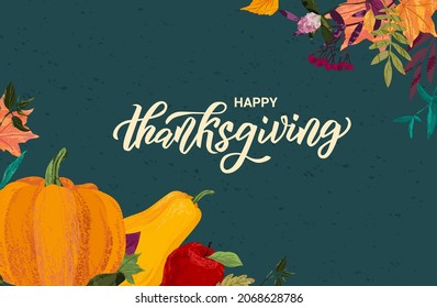 Texto de las letras de los días de gracias con decoración de calabaza y caída. Volante de invitación de otoño, plantilla de tarjeta para celebración de cosecha. Vector clipart bajo máscara. Ilustración a mano alzada.