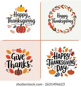  Thanksgiving Handdrawn Typography Set with Pumpkins, Autumn Leaves, and Festive Wreaths
