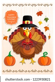 Thanksgiving handmade card with cartoon paper turkey. Happy Thanksgiving. Cardboard greeting card. Vector illustration