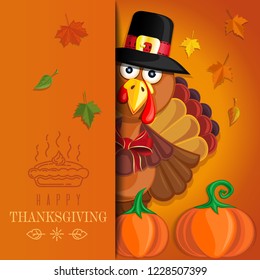 Thanksgiving handmade card with cartoon turkey. Happy Thanksgiving. Cardboard greeting card. Vector illustration