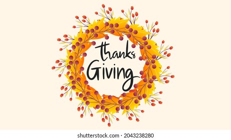 thanksgiving handwriting calligraphy with frame leaf autumn for content online or banner for your website and template , Flat Modern design , illustration Vector EPS 10