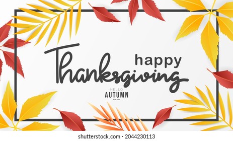 thanksgiving handwriting calligraphy with frame leaf autumn isolated on white background ,for content online or banner for your website and template , Flat Modern design , illustration Vector EPS 10