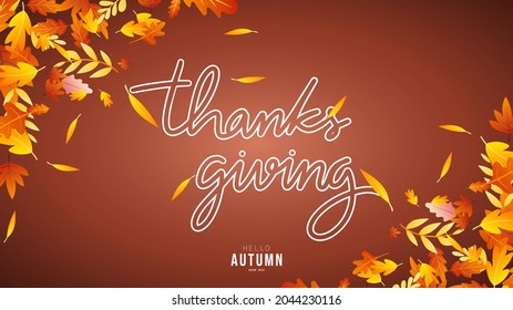 thanksgiving handwriting calligraphy with frame leaf autumn isolated on red background ,for content online or banner for your website and template , Flat Modern design , illustration Vector EPS 10
