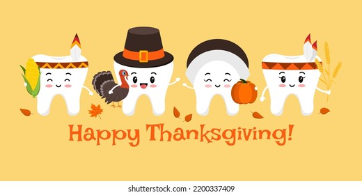 Thanksgiving happy teeth on dentist card. Cute tooth in pilgrim hat with pumpkin and turkey in hand and in indian feather headband with corn and wheat ear. Flat design cartoon vector illustration.  