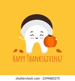 Thanksgiving happy tooth girl in pilgrim bonnet hat with pumpkin in hand. White teeth in carnival costume - dental character for harvest day dentist card. Flat design cartoon vector illustration.  