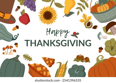 Thanksgiving and harvest banner. Thanksgiving background. Harvest background. Fruits, vegetables and plants around the greeting.